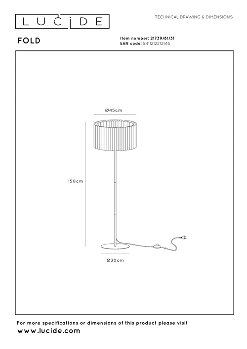 Lucide FOLD - Lampadaire - Ø 45 cm - 1xE27 - Blanc - technique